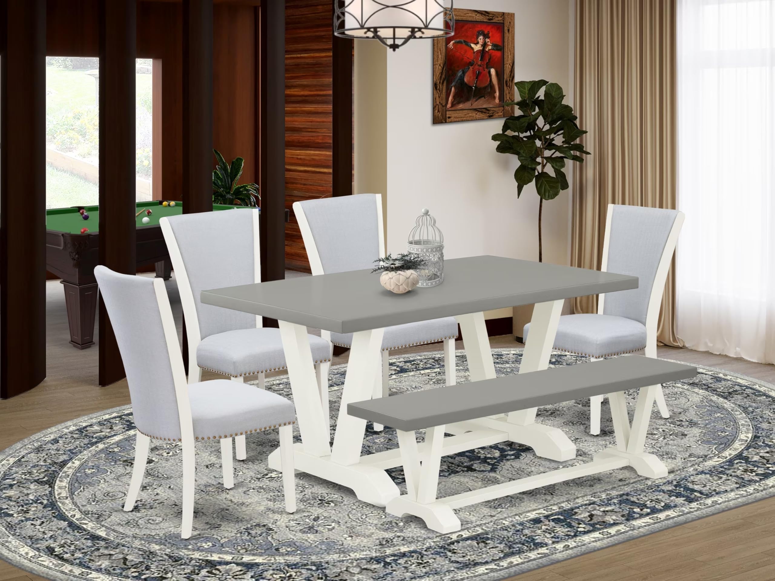 East West Furniture V096VE005-6 6 Piece Dining Room Furniture Set Contains a Rectangle Dining Table with V-Legs and 4 Grey Linen Fabric Parson Chairs with a Bench, 36x60 Inch, Multi-Color